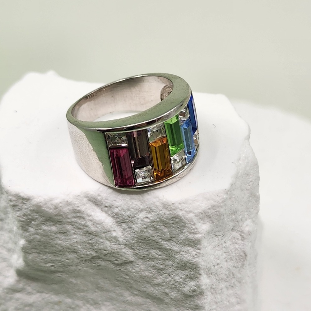 JG Silver Tone Multicolor Baguette Rhinestone Wide Band Ring Statement Cocktail